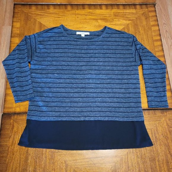 LOFT Blue Striped Mixed Fabric Top - Picture 1 of 10